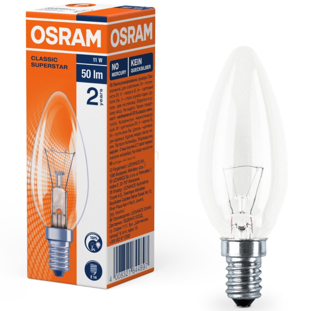 Osram E14 Bec, tub fluorescent 11W, 50 lm, 2700 K, alb cald, sticlă -Classic B