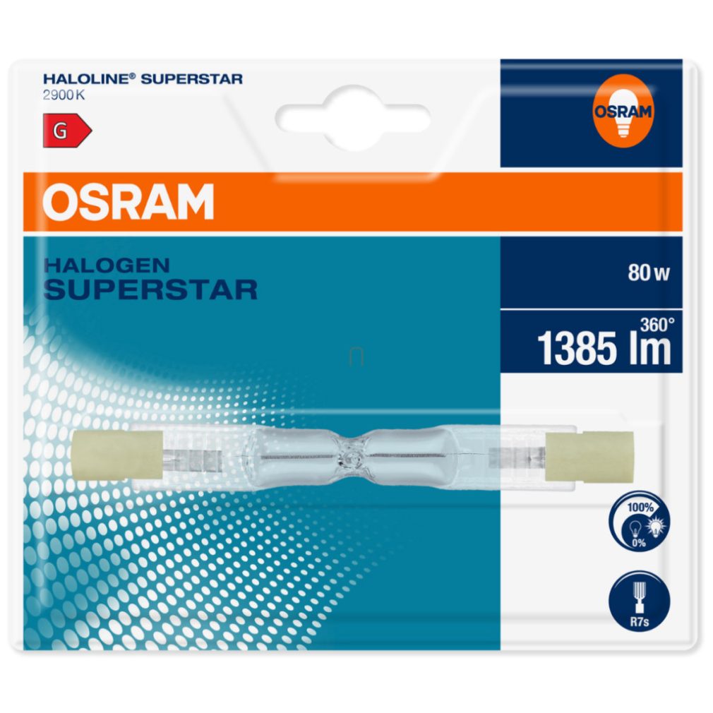 Osram R7s bec halogen 80W, 1385 lm, 2900 K, alb cald, 230 V, sticlă, blister -64690