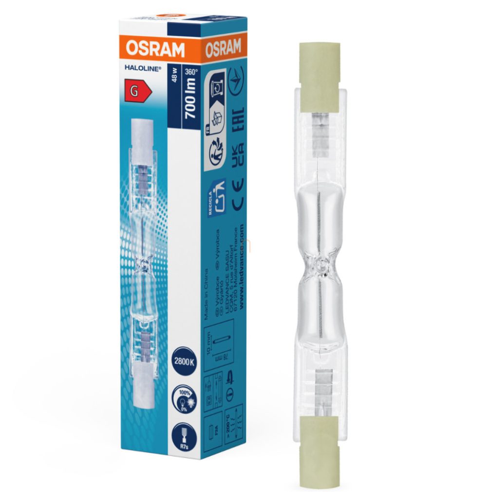 Bec halogen Osram R7s, 48 W, 700 lm, 2800 K, alb cald, 230 V, sticlă, înlocuiește becul 20X1-60 W - 64684