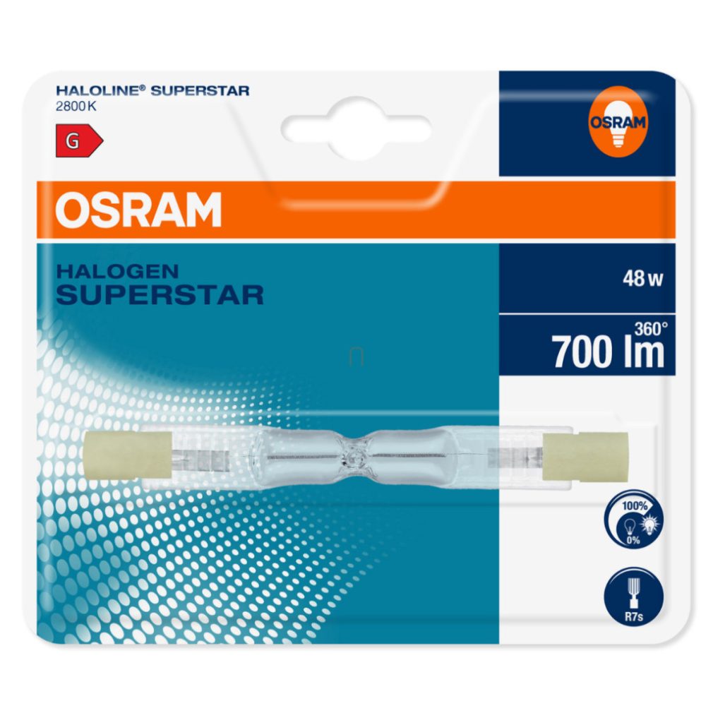 Bec halogen Osram R7s, 48 W, 700 lm, 2800 K, alb cald, 240 V, sticlă, înlocuiește becul 10XBLI1-60 W, ambalat în blister - 64684