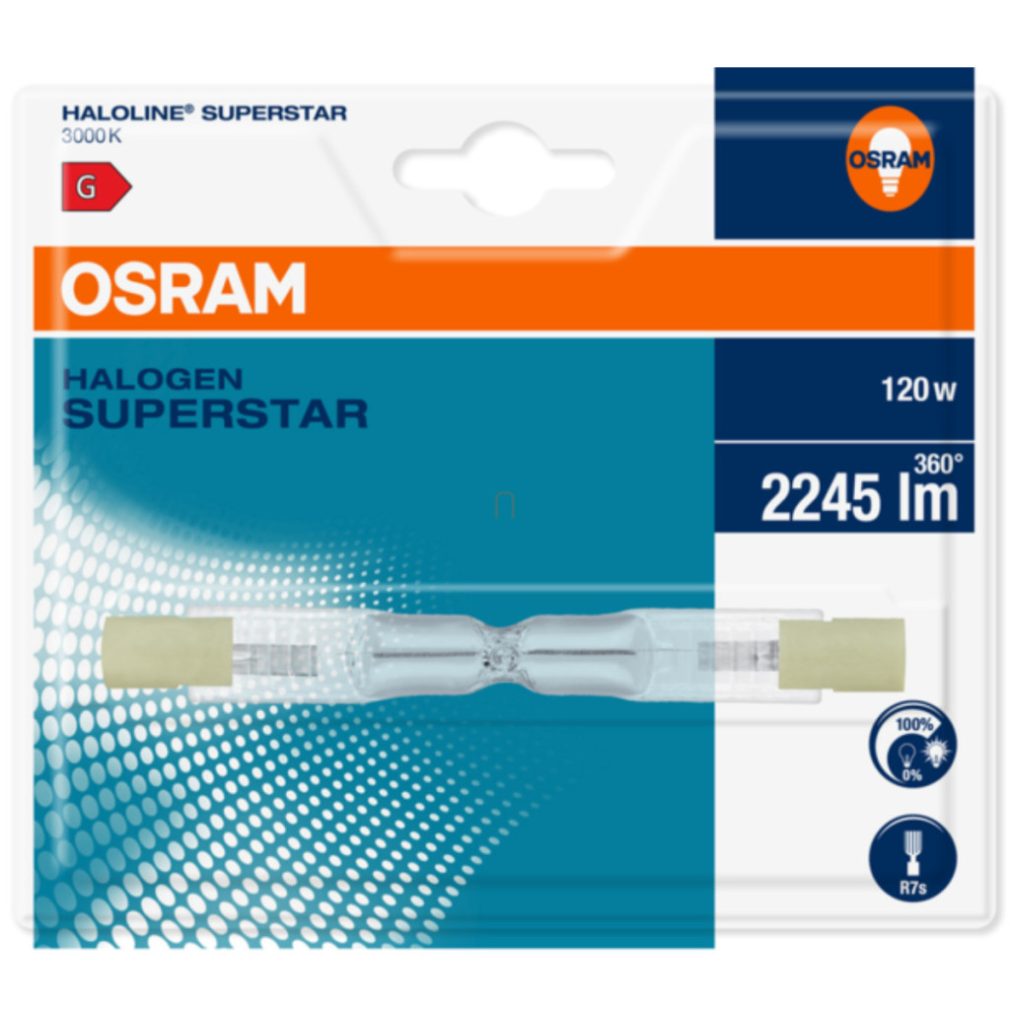 Osram R7s bec halogen 120W, 2245 lm, 3000 K, alb cald, 230 V, sticlă, blister -64696