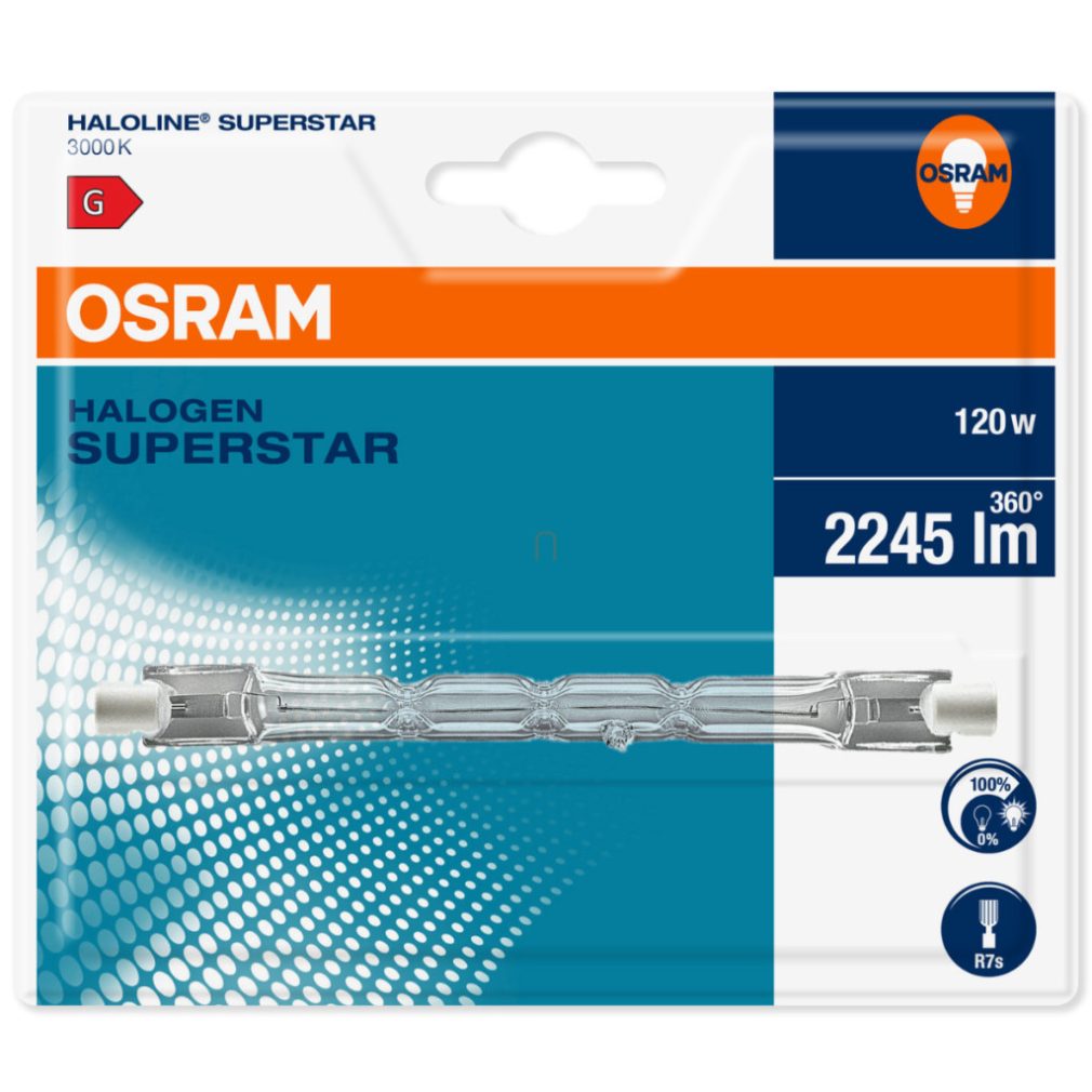 Osram R7s bec halogen 120W, 2245 lm, 3000 K, alb cald, 240 V, sticlă, blister -64696