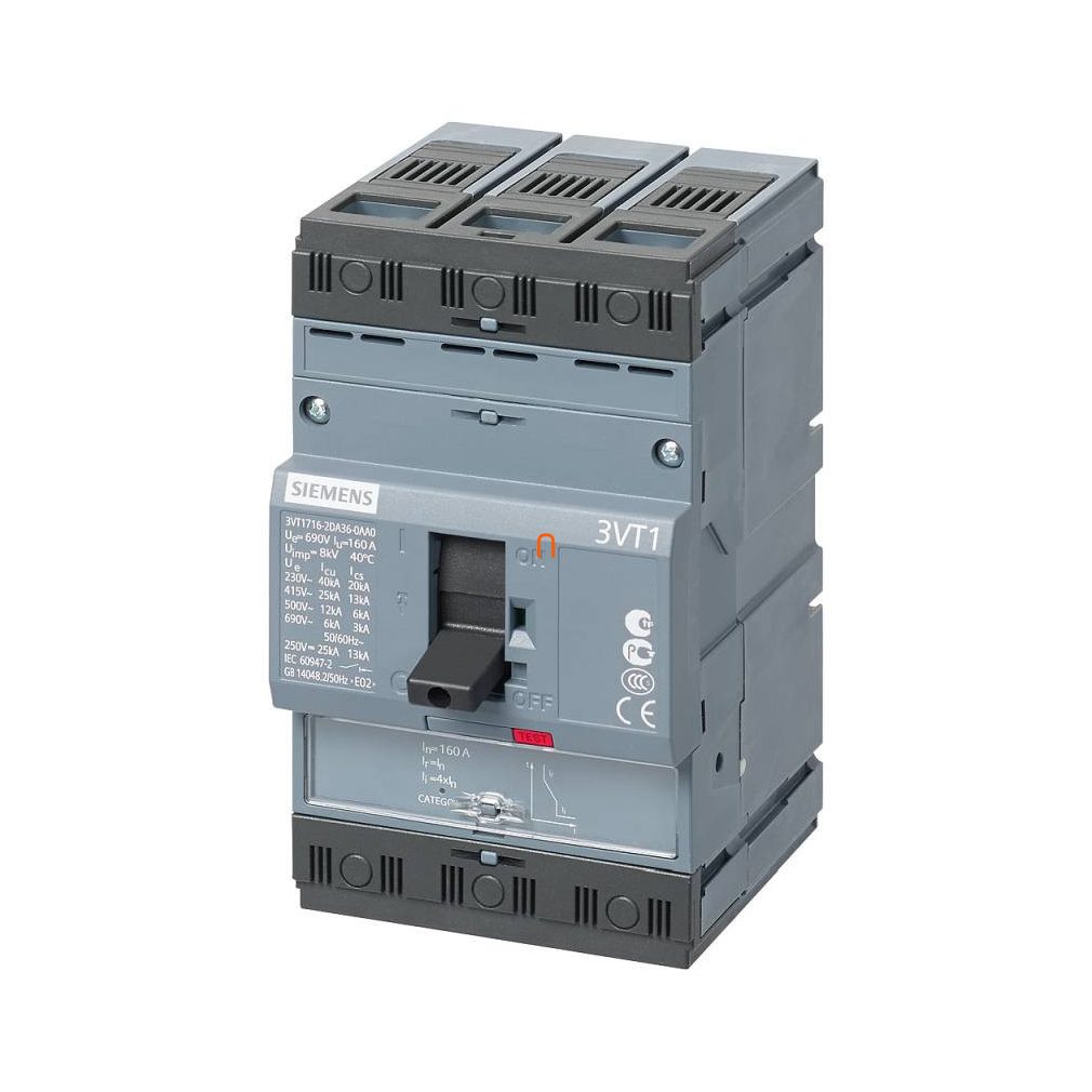 Siemens 3VT1710-2DC36-0AA0 întrerupător compact, 3P, 80-100A, 25kA, TM, LI, Ii=500-1000A, pentru protecția liniilor și transformatoarelor, cu șuruburi