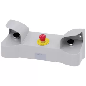   Pult de comandă cu două mâini Siemens 3SU1853-3NB00-1AA1, din metal, IP65, cu accesorii standard (2 butoane cu cap de ciupercă negre 1NO+1NC, 1 buton de urgență 2NC)
