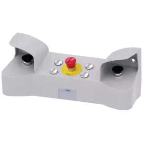   Pult de comandă cu două mâini Siemens 3SU1853-3NB00-1AD1, din metal, IP65, cu accesorii standard (2 butoane cu cap de ciupercă negre 1NO+1NC, 1 buton de urgență 2NC), 4 orificii de 22 mm (