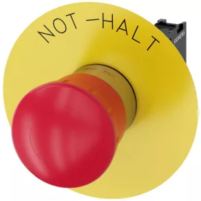   Buton de urgență complet Siemens 3SU1150-1HB20-1CH0, 40 mm, 1NC, cu etichetă (NOT-HALT), din metal, deblocare prin rotire, cu șuruburi