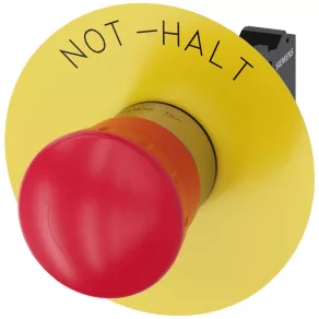   Buton de urgență complet Siemens 3SU1150-1HB20-3CH0, 40 mm, 1NC, cu etichetă (NOT-HALT), din metal, cu eliberare prin rotire
