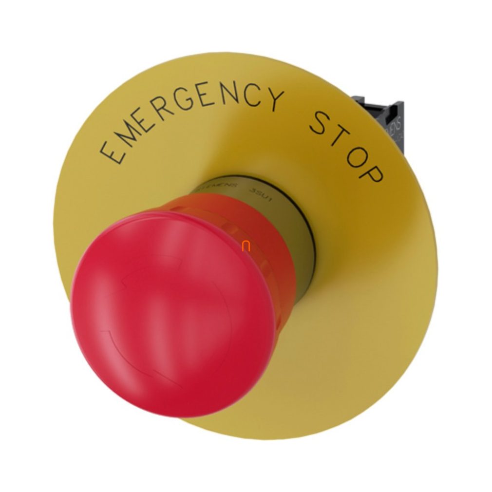 Siemens 3SU1150-1HB20-1CG0 buton de urgență complet, 40 mm, 1NC, cu etichetă (EMERGENCY STOP), metal, cu blocare