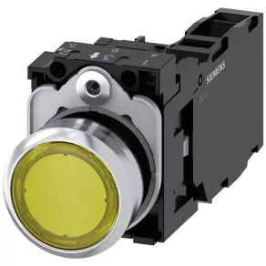   Buton luminos complet Siemens 3SU1152-0AB30-1FA0, galben, 24 V c.a./c.c., 1 NO + 1 NC, metalic cu prindere prin șuruburi, Sirius