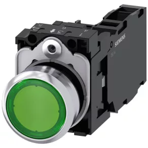   Siemens 3SU1152-0AB40-1FA0 buton luminos complet, verde, 24 V c.a./c.c., 1 NO + 1 NC, metalic, cu fixare prin șuruburi Sirius