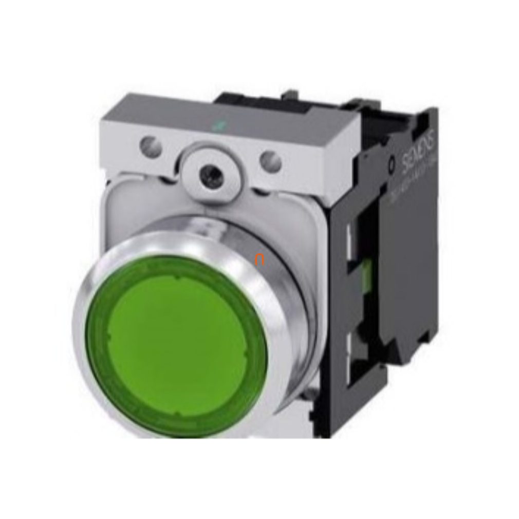 Siemens 3SU1152-0AB40-1BA0 komplett világító nyomógomb, zöld, 24VAC/DC, 1NO, fém, csavaros Sirius