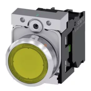   Siemens 3SU1156-0AB30-1BA0 buton luminos complet, galben, 230 V c.a., 1NO, metalic, cu prindere prin șuruburi Sirius