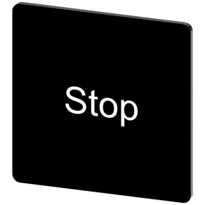   Etichetă Siemens 3SU1900-0AE16-0DS0, 27 x 27 mm, alb-negru, cu inscripția „Stop” în alb, care se poate fixa prin clipsare sau lipire