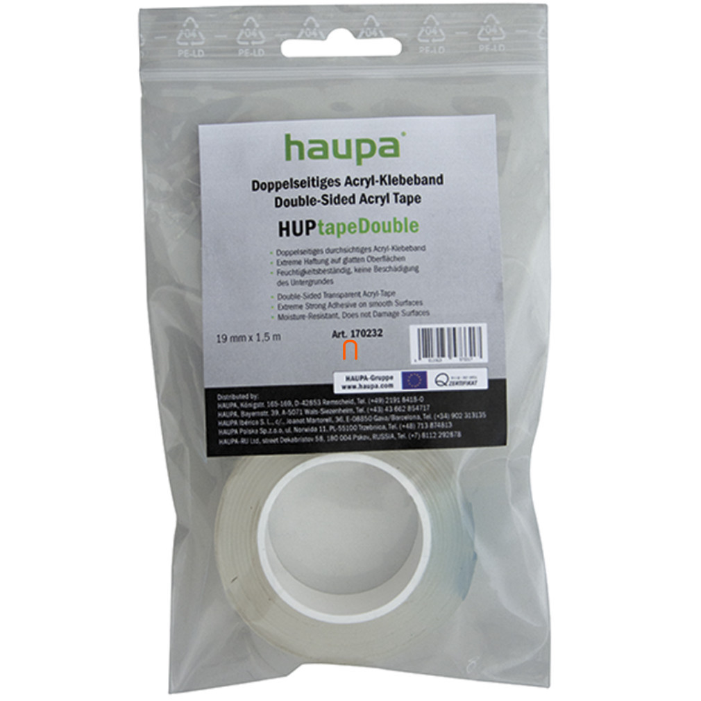 Haupa bandă adezivă acrilică dublu adezivă, transparentă HUPtapeDouble 19 mm x 1,5