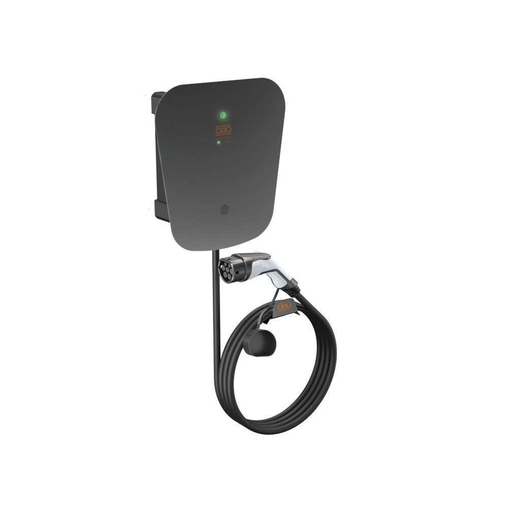 Încărcător electric de perete pentru mașini electrice OBO WB AC BL SPD cu cablu de conectare 1xT2, 22 kW, trifazic, cu buton, protecție la supratensiune, IP66 6570024