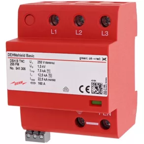   DEHN 941306 Descărcător combinat de curent de trăsnet de tip 1 și 2, optimizat pentru aplicații, DEHNshield Basic, pentru rețele trifazate TN-C, cu contact DSH B TNC 255 FM