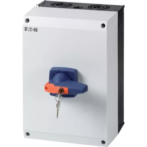   Întrerupător principal Eaton 160A cu trei poli, închis, cu blocare cu rolă, albastru, dmm-160/3/i5/c-b-172801