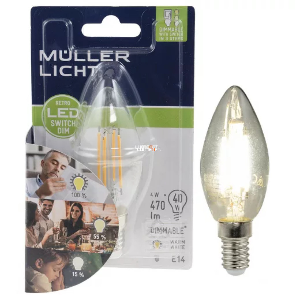 Ambalaj deschis Müller Licht Switch DIM filament LED 5,5W 470lm E14 cald alb, reglabil cu întrerupător