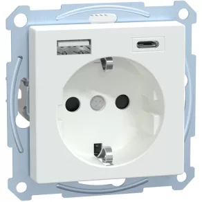  Priză Schneider Merten 2P+F, cu obturator de siguranță, încărcător USB A+C, cu arc, 16A / 3A, System-M, alb activ MEG2367-0325