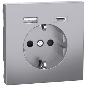   Schneider Electric Merten System Design - MEG2367-6036 - priză, cu obturator de siguranță, încărcător USB A+C, cu arc, 16A / 3A, oțel