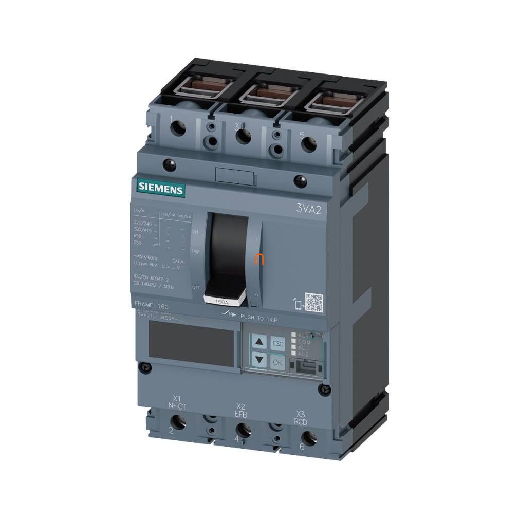 Siemens 3VA2163-5MQ36-0AA0 întrerupător compact 3P 63A 55kA, ETU860M LSIG, protecție motor, clemă de fixare