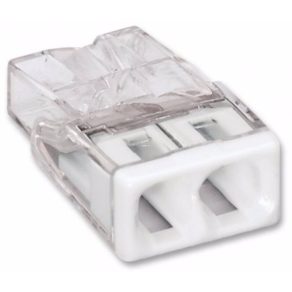   Wago 2273-202 Conector compact dublu pentru cabluri cu secțiune solidă de 2x0,5-2,5 mm², într-o carcasă transparentă cu capac alb