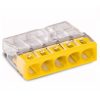 Wago 2273-205 Conector compact cu cinci poli pentru cabluri rigide de 5x0,5-2,5 mm², în carcasă transparentă cu capac galben