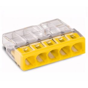   Wago 2273-205 Conector compact cu cinci poli pentru cabluri rigide de 5x0,5-2,5 mm², în carcasă transparentă cu capac galben