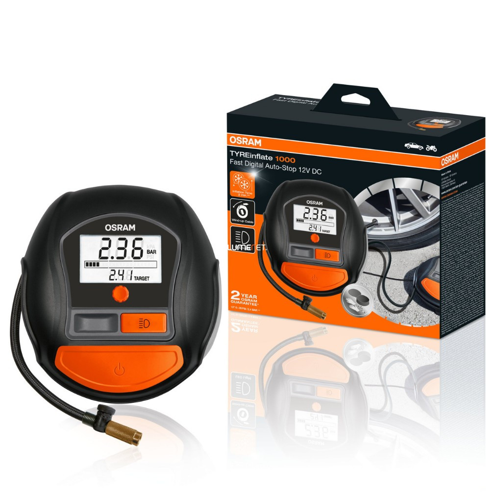 Osram Tyreinflate 1000 compresor digital rapid pentru anvelope cu cablu înfășurat, oprire automată și iluminare LED, timp de umflare de 2 minute, OTI1000