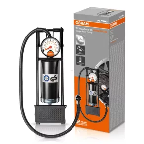   Osram Tyreinflate 10 Essential pompă compactă și fiabilă cu tub din oțel, bază antiderapantă și manometru analogic, adaptoare universale, OFP10ESN