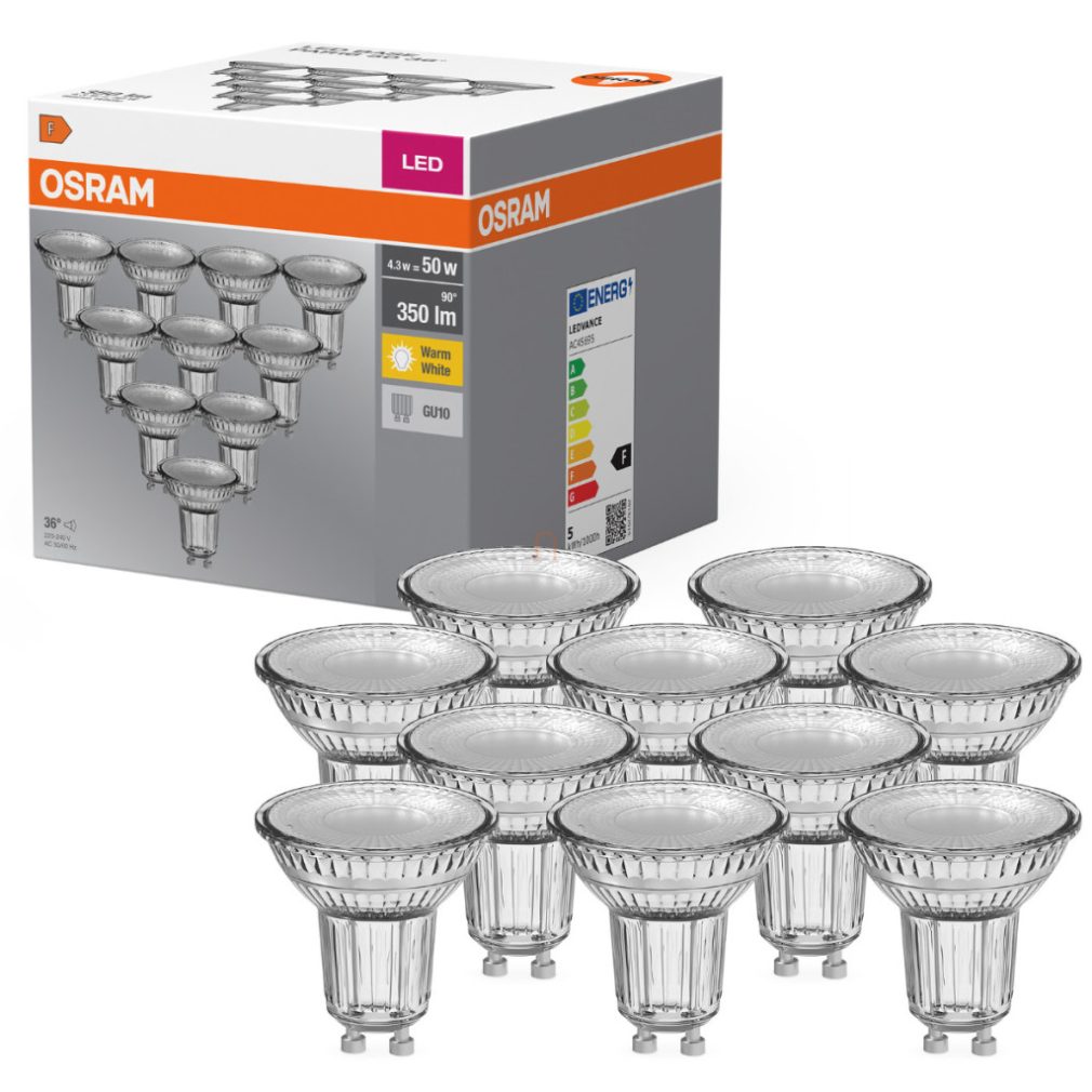 Osram GU10 LED 4,3W, 350 lm, 2700 K, alb cald, sticlă transparentă - înlocuiește becul de 50 W, 10 bucăți - Base Spot PAR16