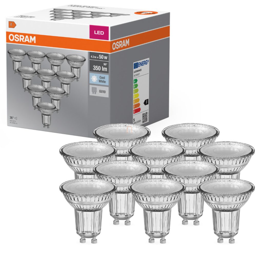 Osram GU10 LED 4,3W, 350 lm, 4000 K, alb rece, sticlă transparentă - înlocuiește becul de 50 W, 10 bucăți - Base Spot PAR16