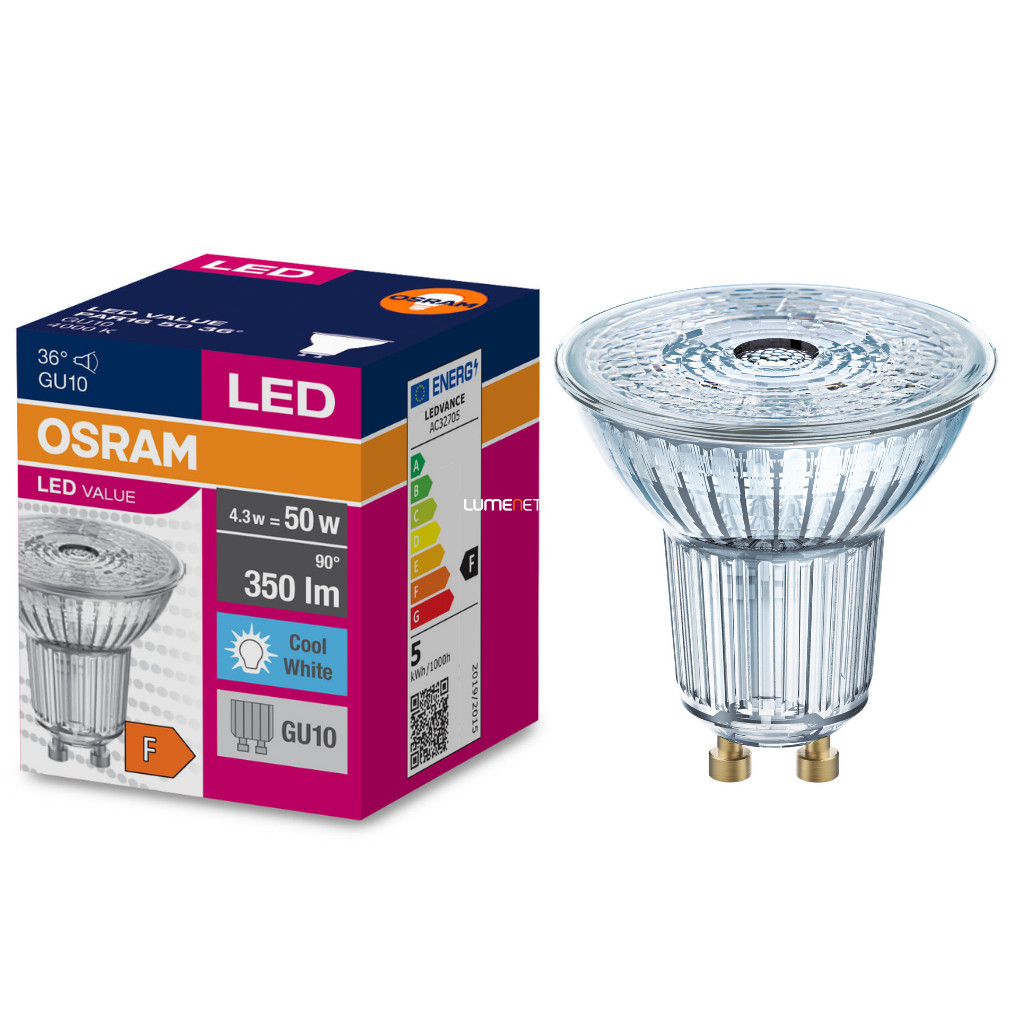 Osram GU10 LED Value 4.3W 350lm 4000K alb rece 36° - înlocuire bec 50W