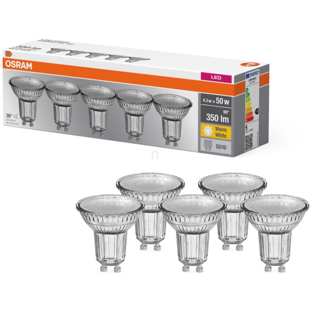 Osram GU10 LED 4,3W, 350 lm, 2700 K, alb cald, sticlă transparentă - înlocuiește becul de 50 W, 5 bucăți - Base Spot PAR16