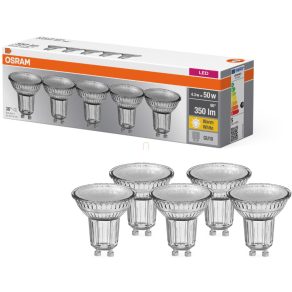   Osram GU10 LED 4,3 W, 350 lm, 2700 K, alb cald, sticlă transparentă - înlocuiește becul de 50 W, 5 bucăți - Bază Spot PAR16