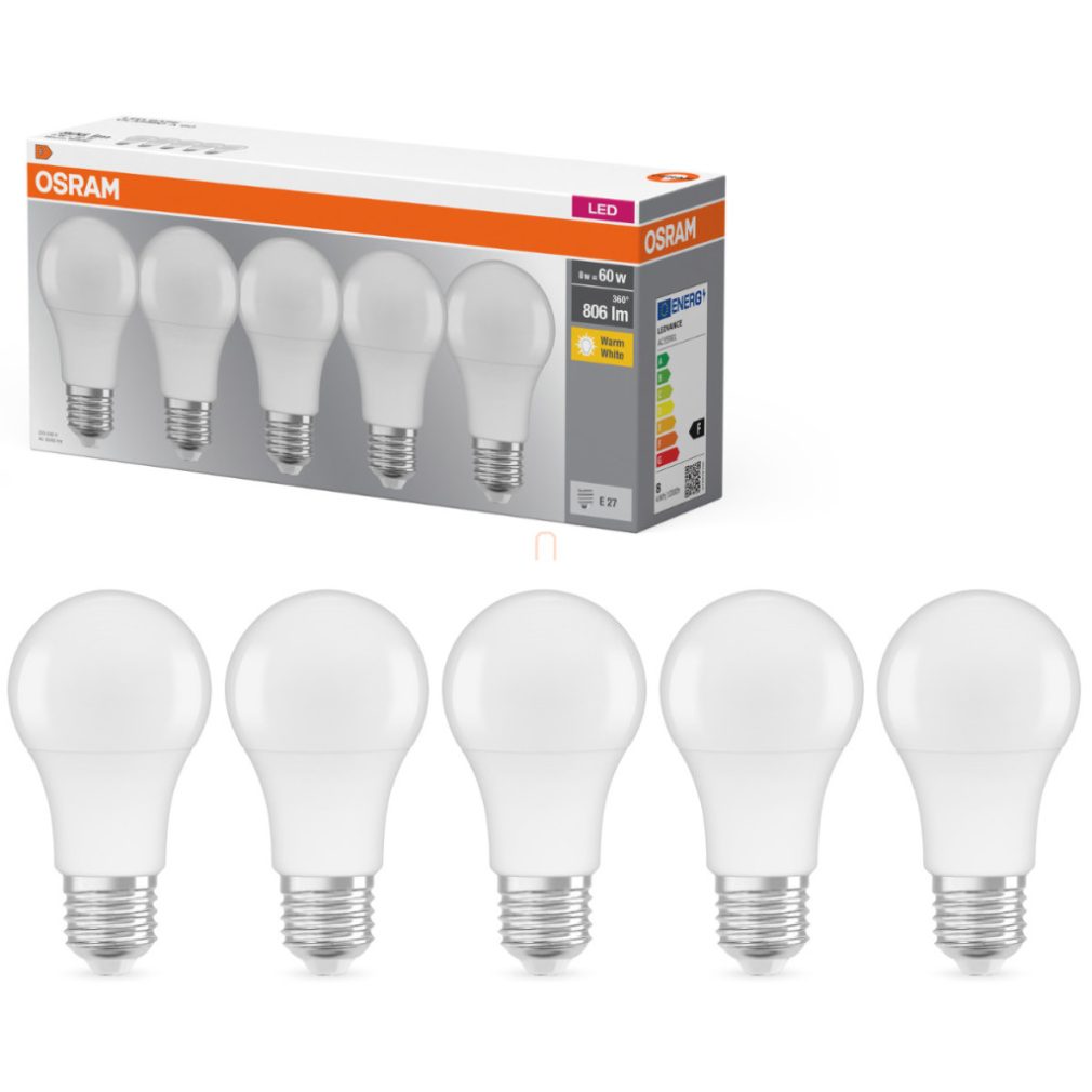 Osram E27 LED 8W, 806 lm, 2700 K, alb cald, plastic opal - înlocuiește becul normal de 60 W, 5 bucăți - Base Classic A