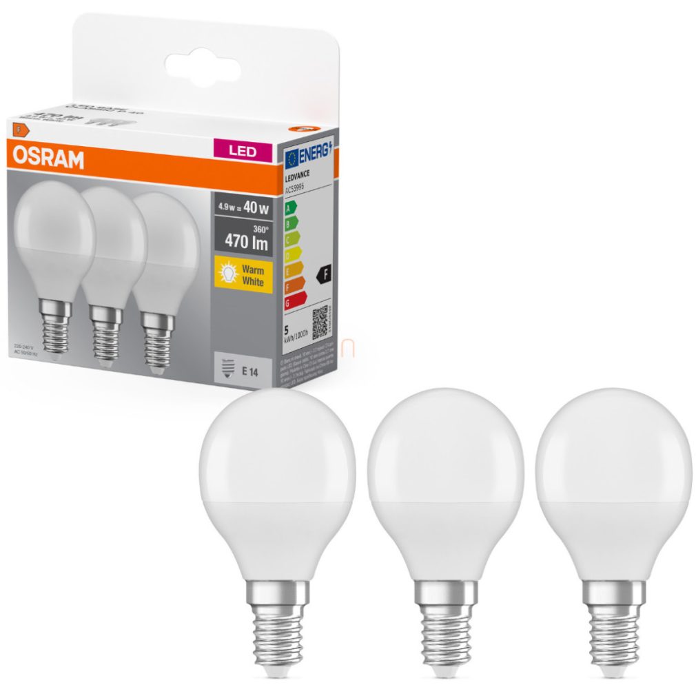 Osram E14 LED globule, 4,9 W, 470 lm, 2700 K, alb cald, plastic opal - înlocuiește becul incandescent de 40 W, 3 bucăți - Base Classic P