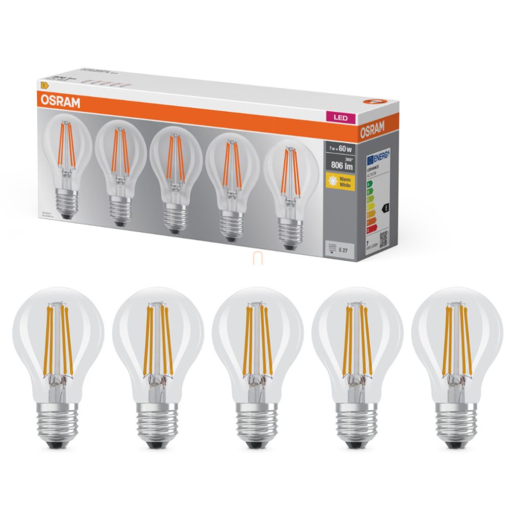 Osram E27 LED 7W, 806 lm, 2700 K, alb cald, sticlă transparentă - înlocuiește becul normal de 60 W, 5 bucăți - Base Classic A 60 filament