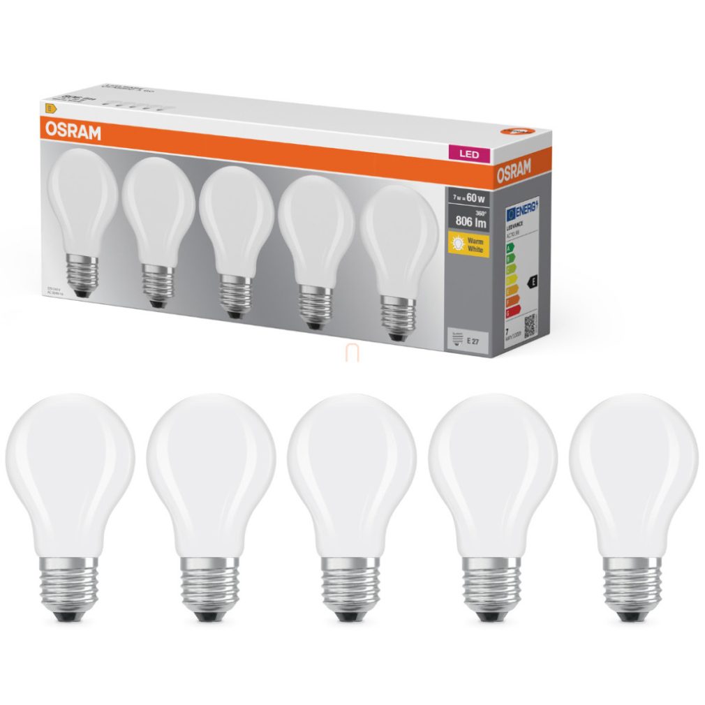 Osram E27 LED 7W, 806 lm, 2700 K, alb cald, sticlă opală - înlocuiește becul normal de 60 W, 5 bucăți - Base Classic A