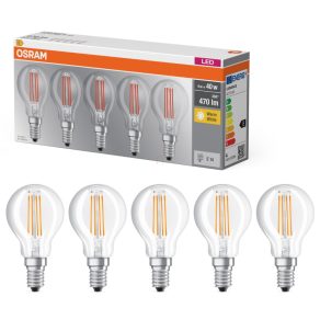   Osram E14 LED glob mic, 4W, 470 lm, 2700 K, alb cald, sticlă transparentă - înlocuiește becul de 40 W, 5 bucăți - Soclu Classic P filament