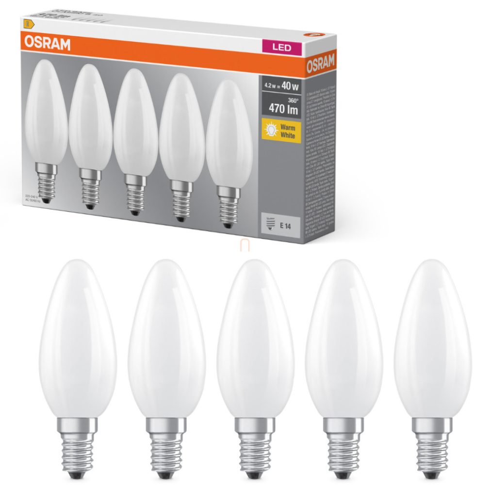 Osram E14 LED bec, 4,2 W, 470 lm, 2700 K, alb cald, sticlă opală - înlocuiește becul de 40 W, 5 bucăți - Base Classic B