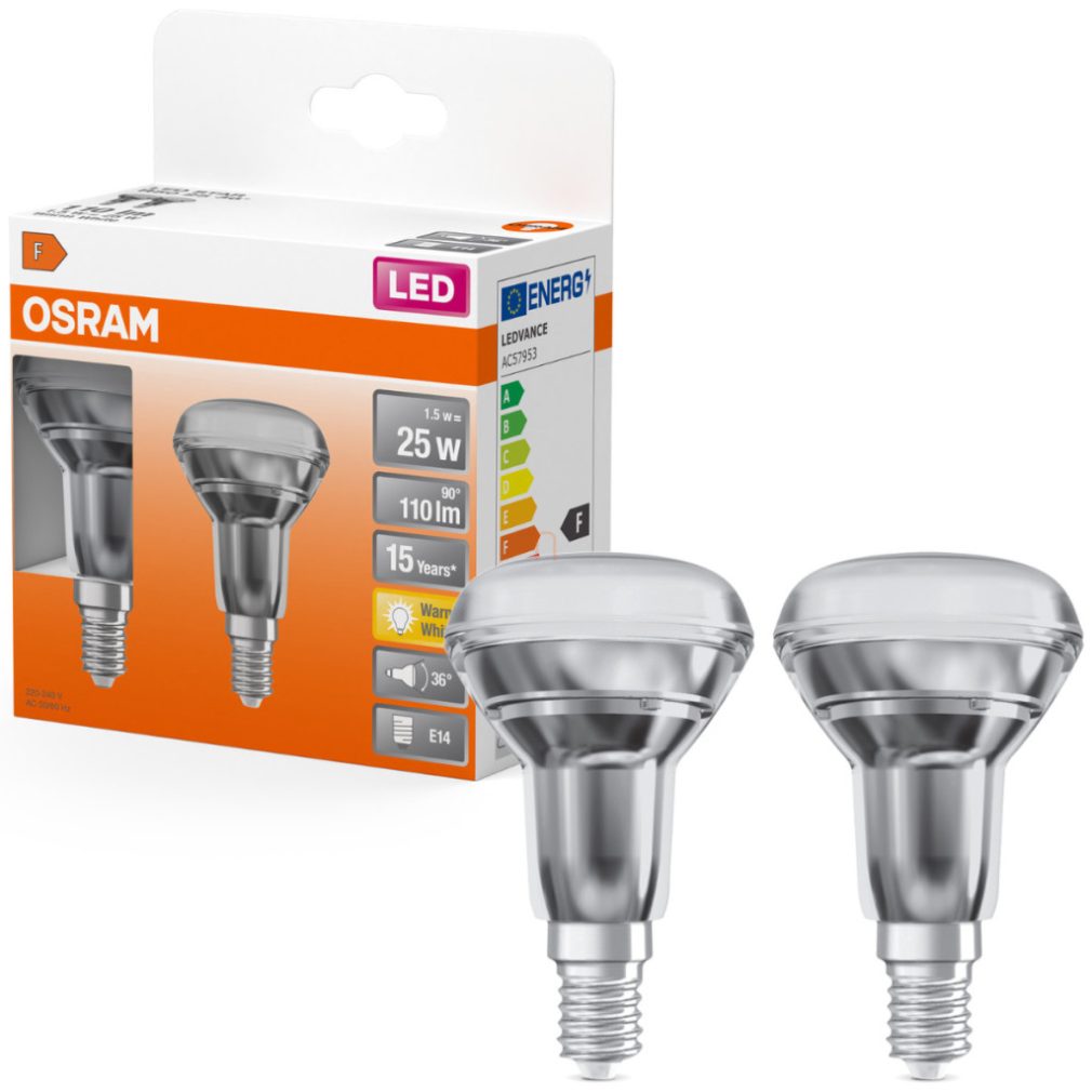 Reflector LED Osram E14, 1,5 W, 110 lm, 2700 K, alb cald, sticlă transparentă - înlocuiește becul de 25 W, 2 bucăți - Star Spot R50