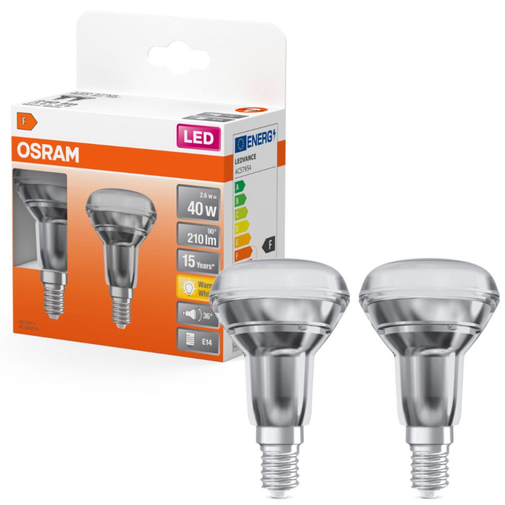 Reflector LED Osram E14, 2,6 W, 210 lm, 2700 K, alb cald, sticlă transparentă - înlocuiește becul de 40 W, 2 bucăți - Star Spot R50