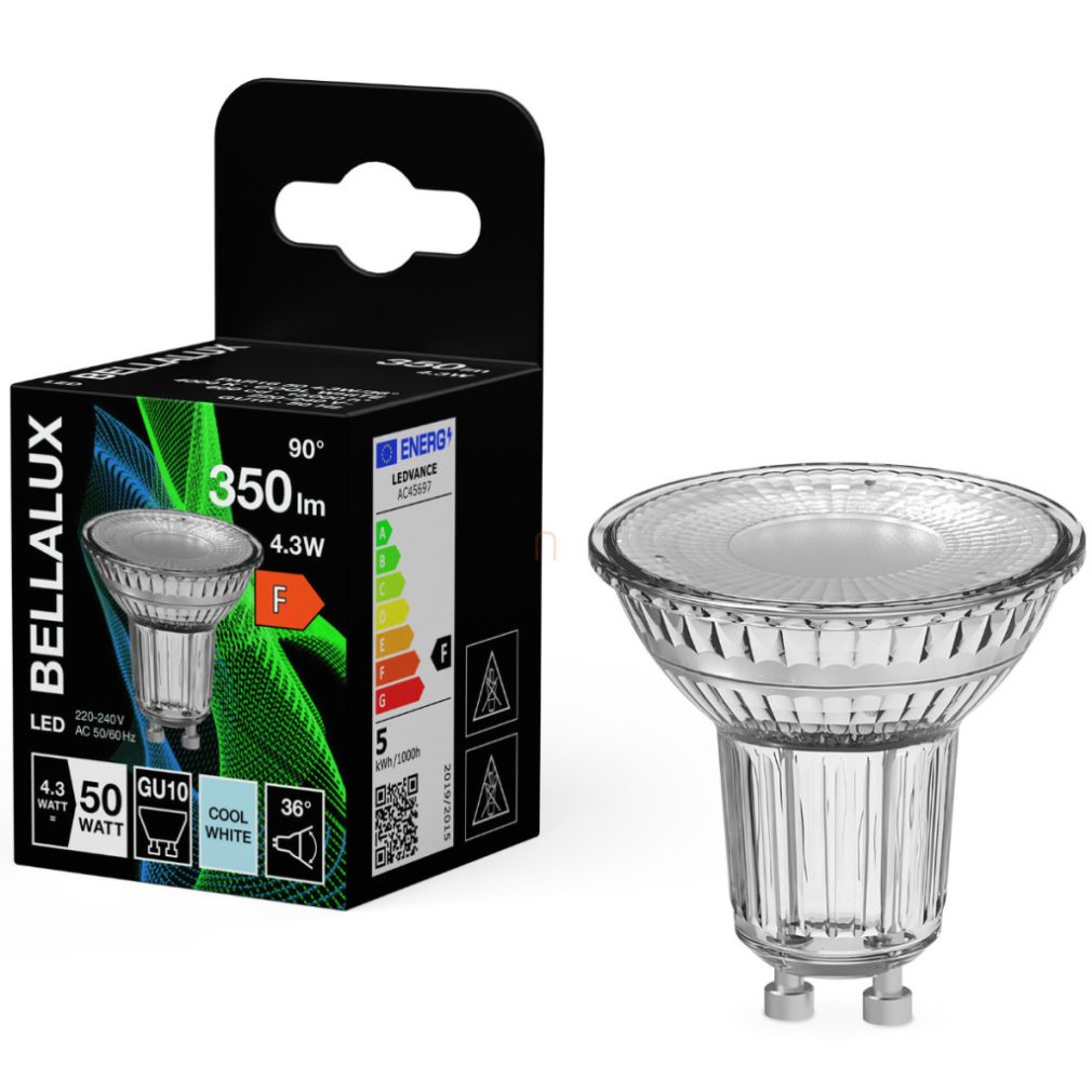Bellalux GU10 LED 4,3W, 350 lm, 4000 K, alb rece, sticlă transparentă - înlocuiește becul de 50 W - Spot PAR16