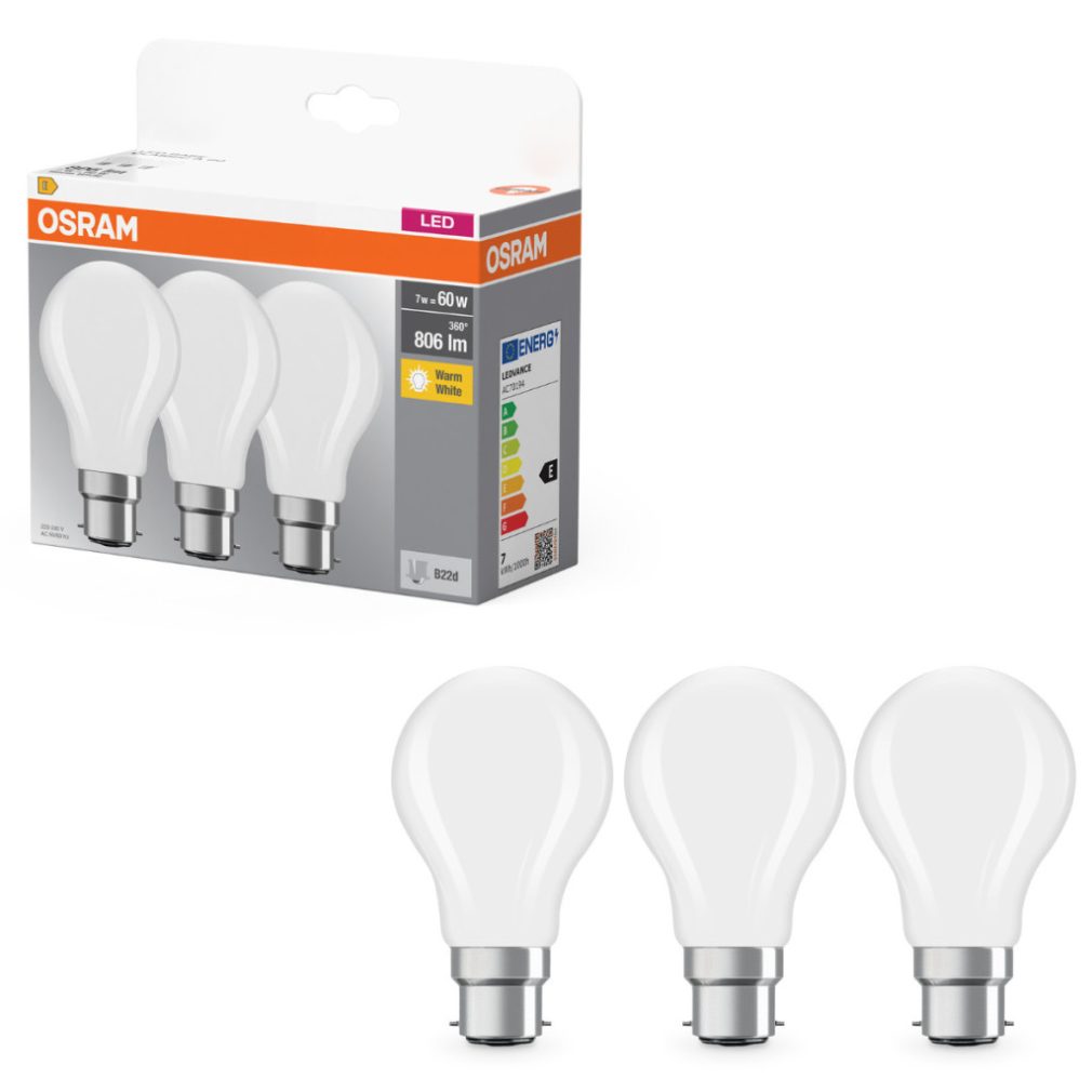 Osram B22d LED 7W, 806 lm, 2700 K, alb cald, sticlă opală - înlocuiește becul de 60 W, 3 bucăți - Base Classic A