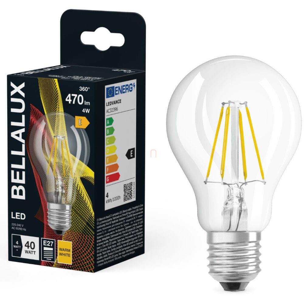 Bellalux E27 LED, 4W, 470 lm, 2700 K, alb cald, sticlă transparentă - înlocuiește becul normal de 40 W - Classic A 40 filament