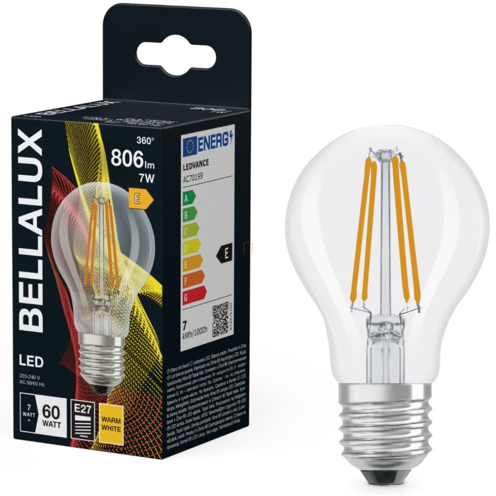 Bellalux E27 LED, 7W, 806 lm, 2700 K, alb cald, sticlă transparentă - înlocuiește becul normal de 60 W - Classic A 60 filament