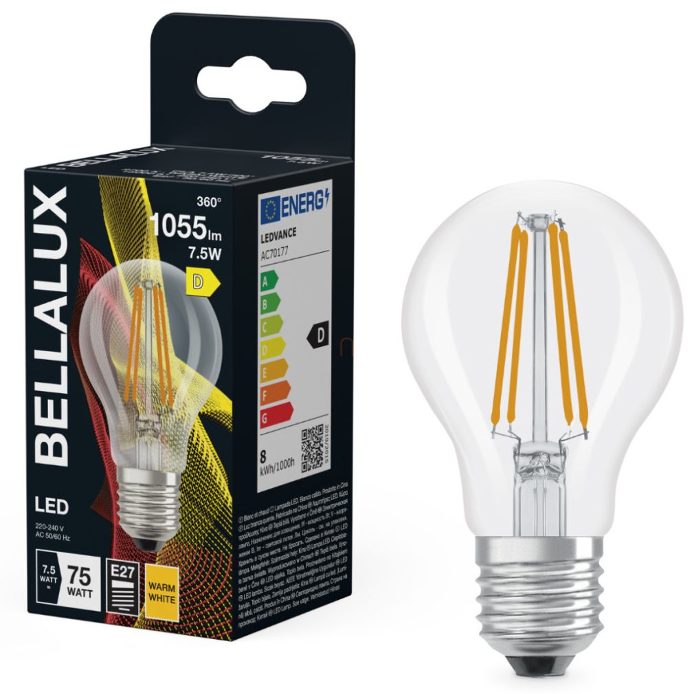 Bellalux E27 LED, 7,5 W, 1055 lm, 2700 K, alb cald, sticlă transparentă - înlocuiește becul normal de 75 W - Classic A 75 filament