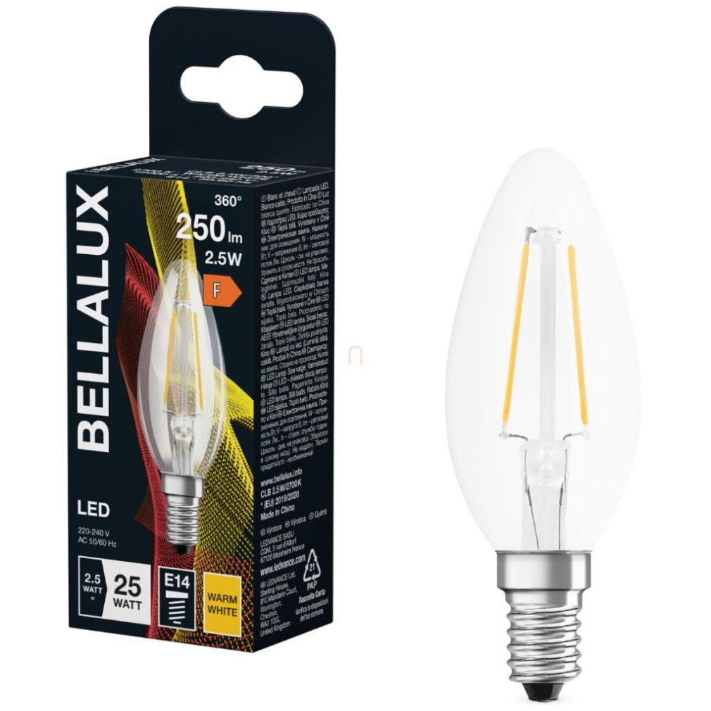 Bellalux E14 LED lumânare, 2,5W, 250 lm, 2700 K, alb cald, sticlă transparentă - înlocuiește becul de 25 W - filament Classic B