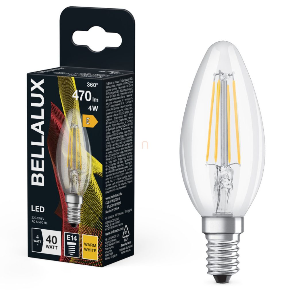 Bellalux E14 LED lumânare, 4W, 470 lm, 2700 K, alb cald, sticlă transparentă - înlocuiește becul de 40 W - filament Classic B